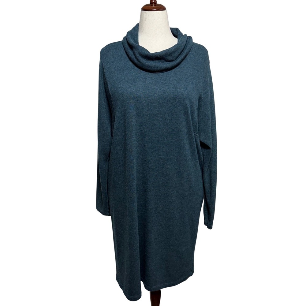 Pure Jill Sweater Dress XL Teal Blue Cowl Neck Short Midi Pullover Long Sleeve